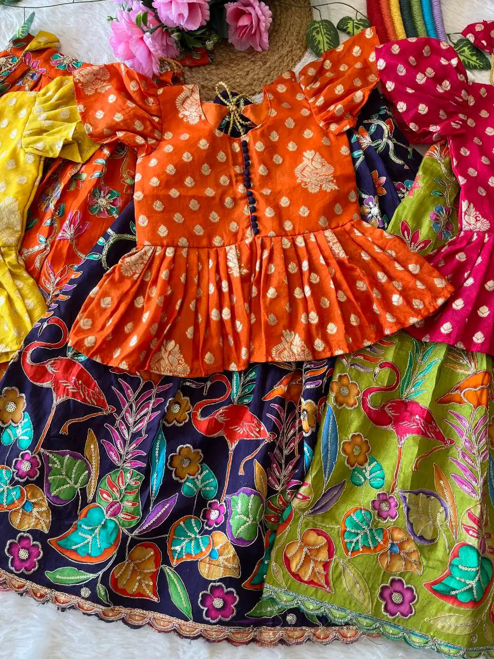Kids Dola Silk Position Embroidered Lehenga Set - Orange