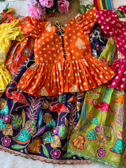 Kids Dola Silk Position Embroidered Lehenga Set - Orange