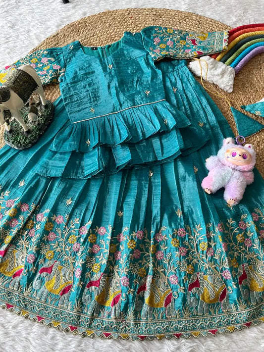 Kids Crush Fabric Elephant Embroidery Lehenga Set - Sky
