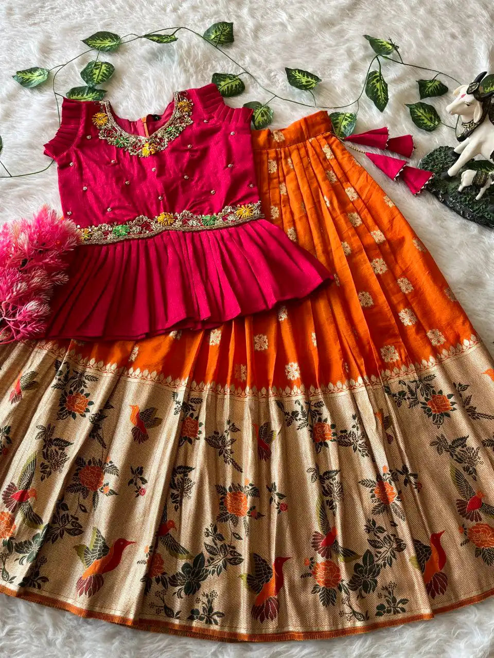 Soft Khadi Georgette Bird Weaving Lehenga - Orange
