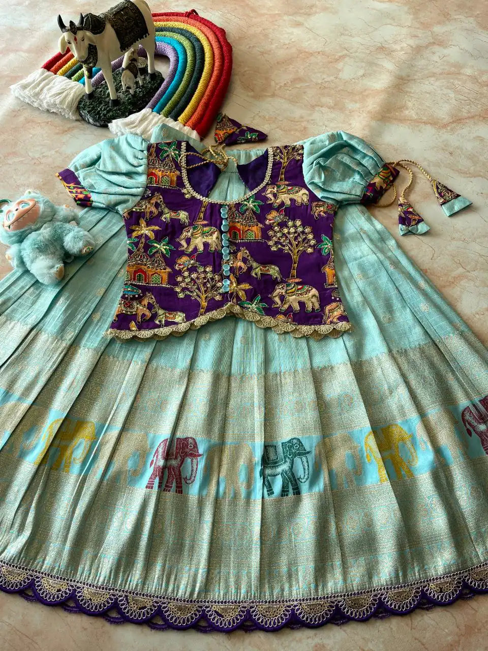 Kids Elephant 3D Weaving Lehenga - Sky
