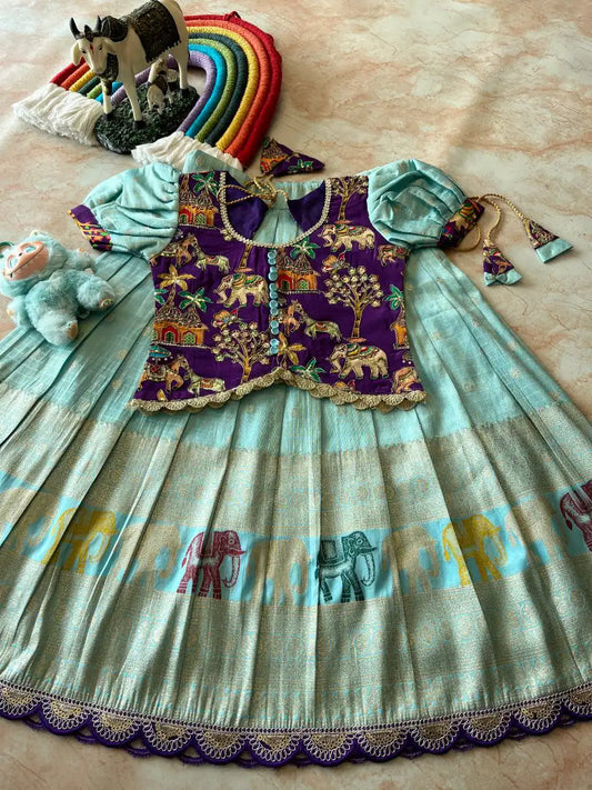 Kids Elephant 3D Weaving Lehenga - Sky