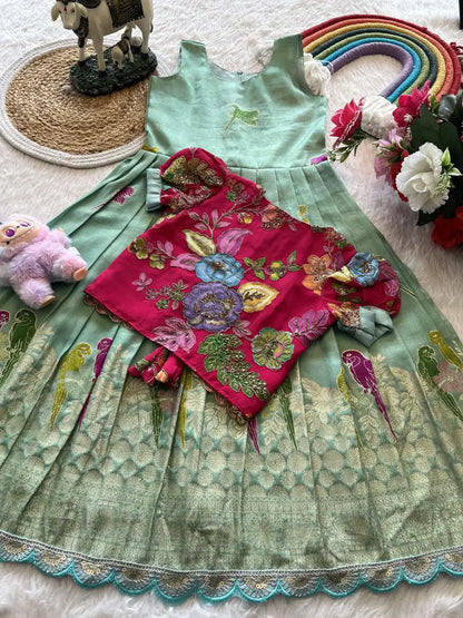 Parrot Design Floral Kids Gown with Coat - Sky