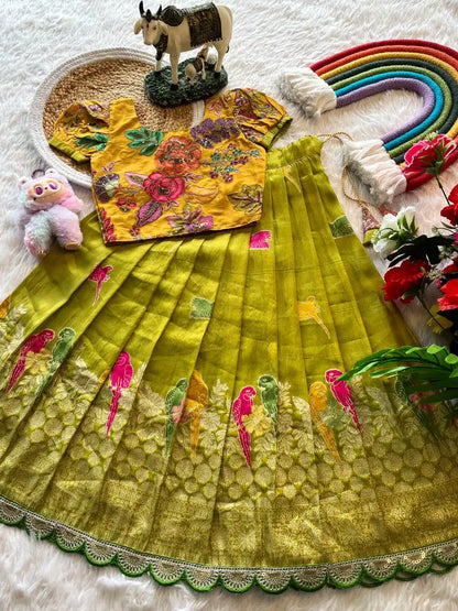 Kids Crepe Position Printed Lehenga - Parrot