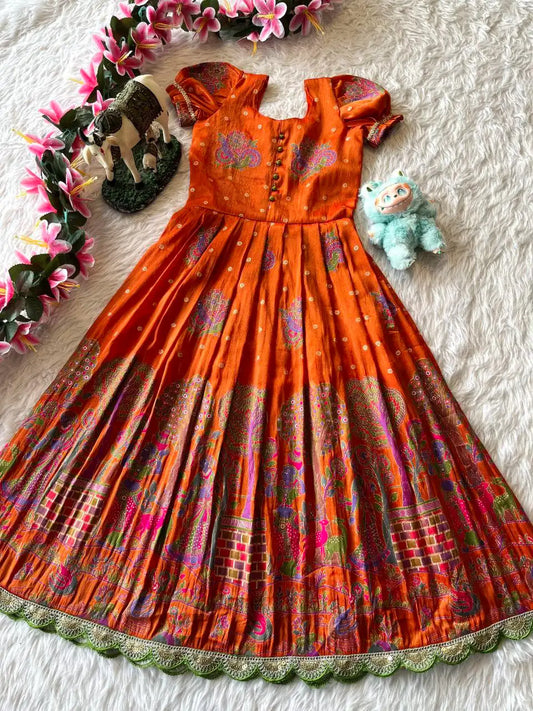 Kids Tissue Silk Paithani Weaving  Gown - Orange