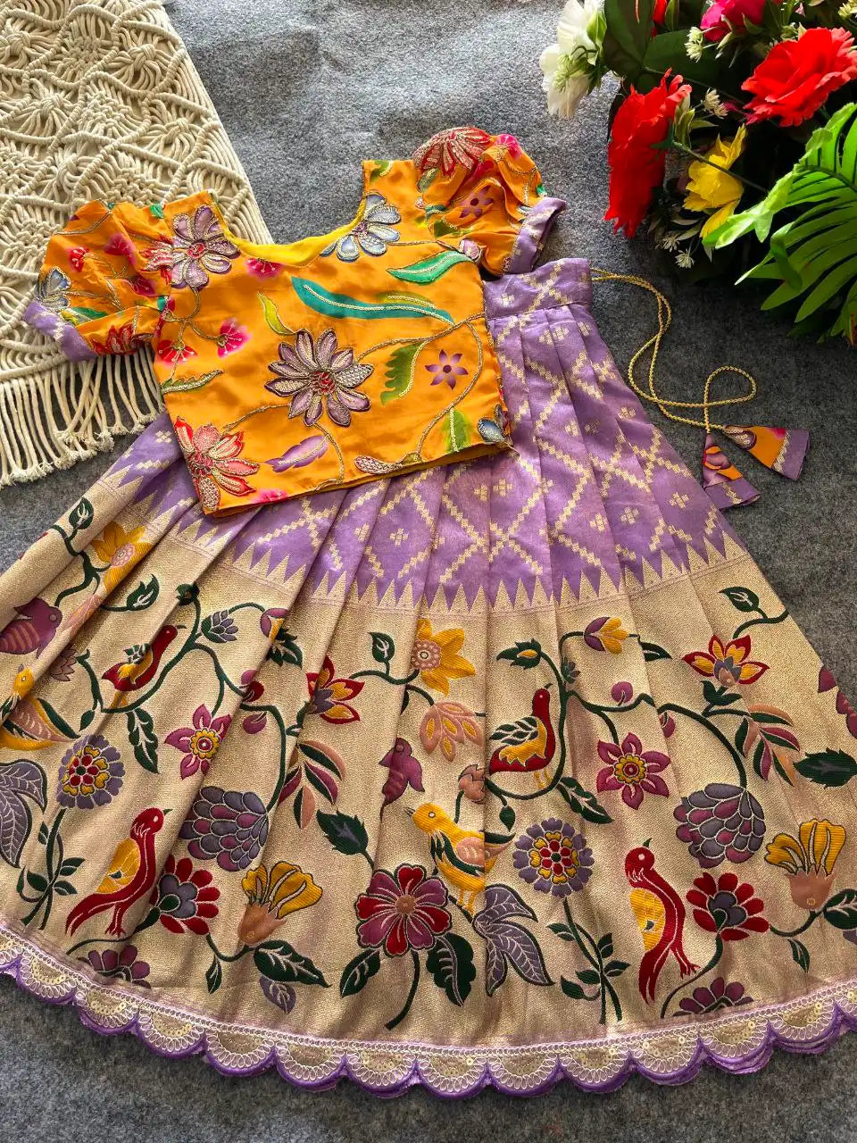 Dola Silk Parrot Meena Weaving Kids Lehenga - Lavender