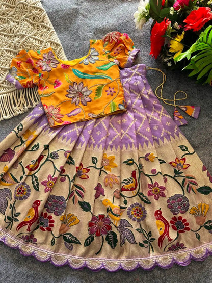 Dola Silk Parrot Meena Weaving Kids Lehenga - Lavender
