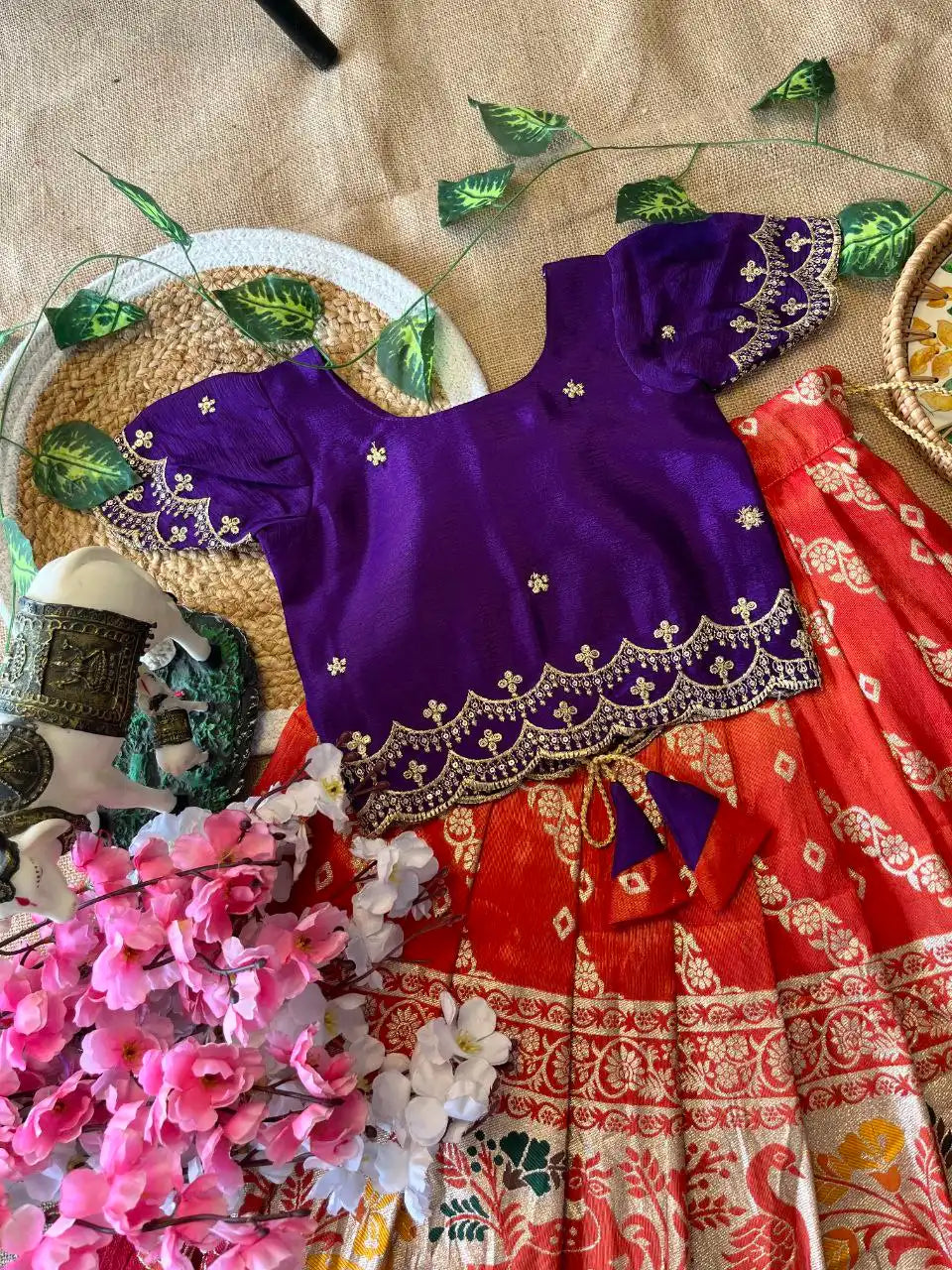 Animals Bandhej Leheriya Kids Lahenga - Purple