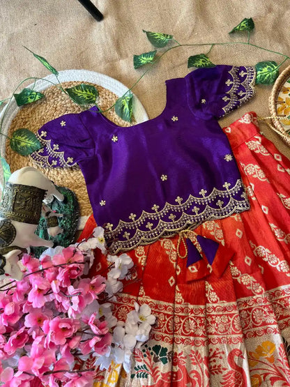 Animals Bandhej Leheriya Kids Lahenga - Purple