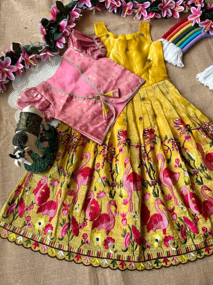 Flamingo Embroidery Kids Gown & Coat - Yellow