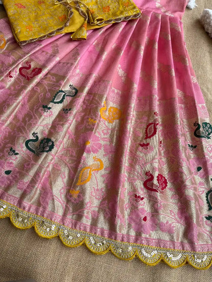 Soft Tissue Silk Paithani Weaving Kids Gown - Baby Pink