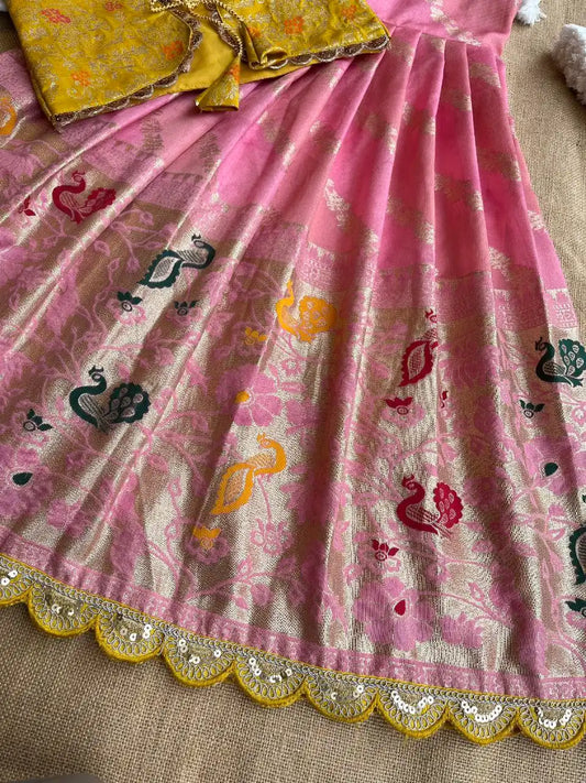 Soft Tissue Silk Paithani Weaving Kids Gown - Baby Pink