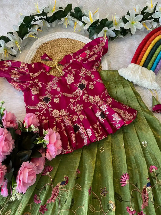 Kids Nylon Silk Embroidery Lehenga - Green