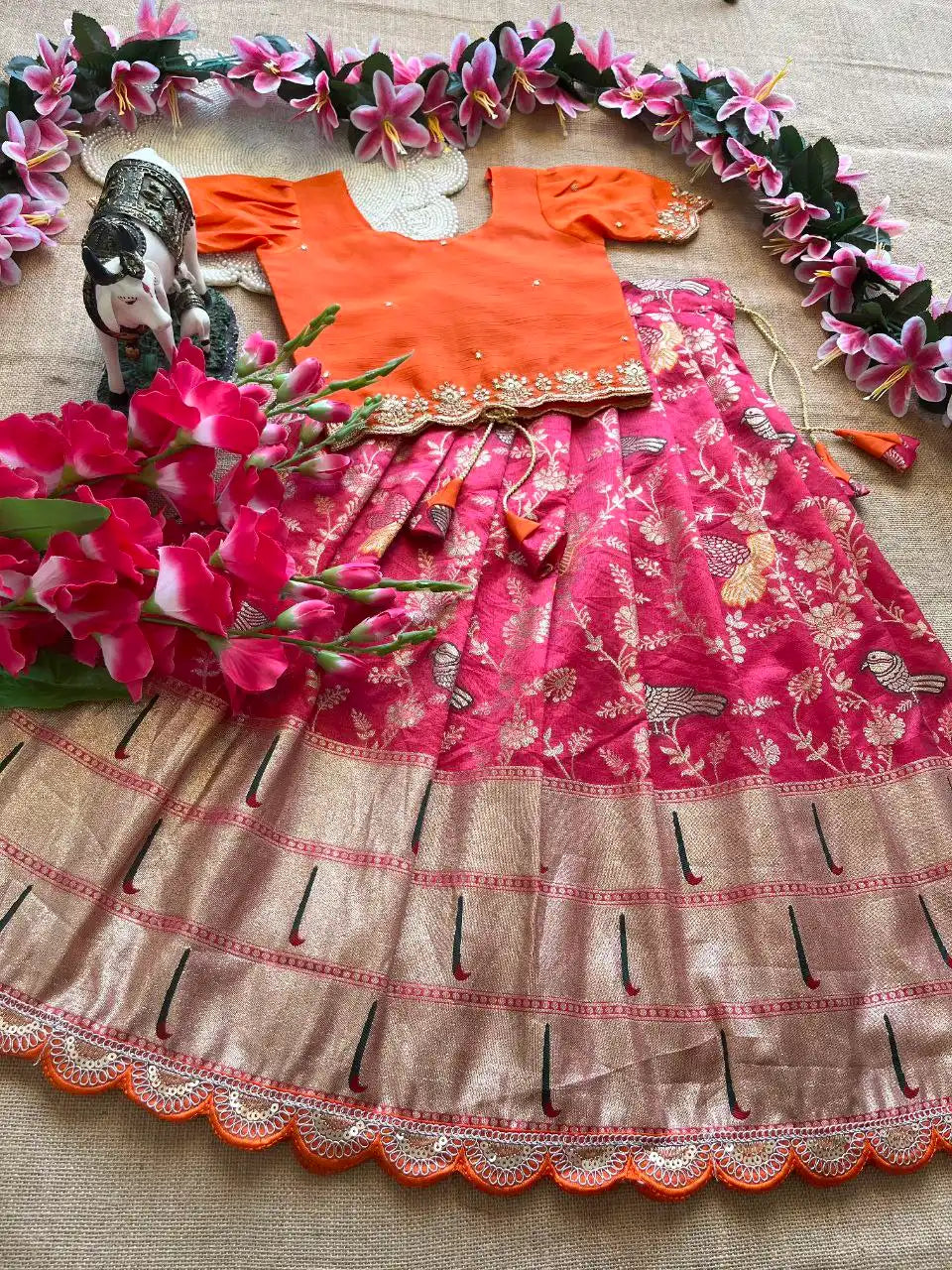Kids Banarasi Dola Silk Paithani Lehenga - Pink