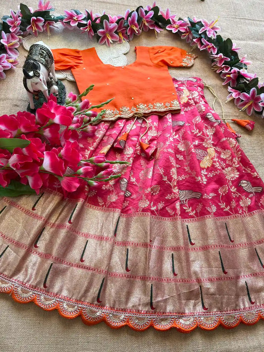 Kids Banarasi Dola Silk Paithani Lehenga - Pink