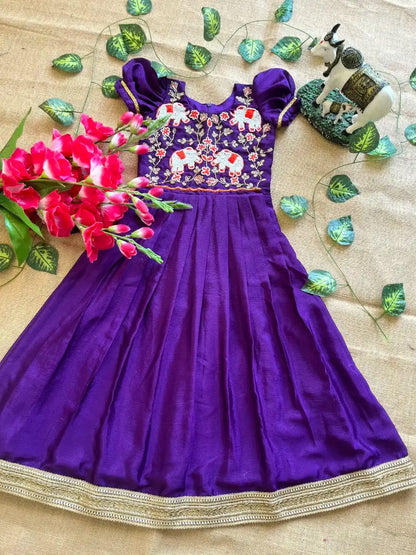 Kids Elephant Handwork Gown - Violet