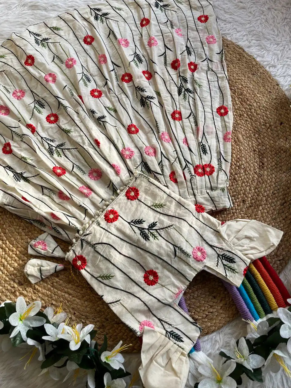 Floral Embroidered Cotton Kids Lehehnga Set