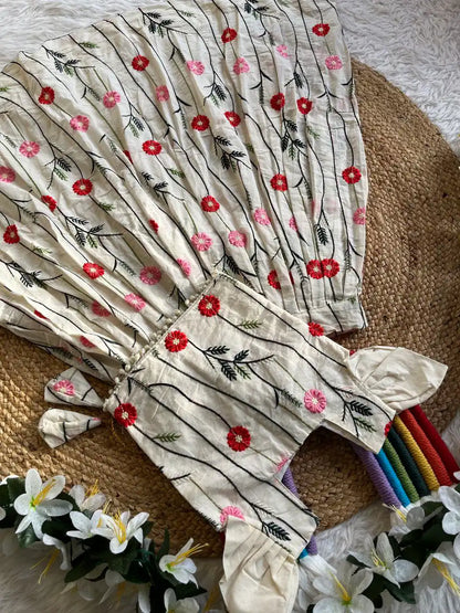 Floral Embroidered Cotton Kids Lehehnga Set