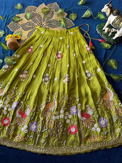 Flamingo Bead & Moti Work Kids Lehenga - Pink & Parrot
