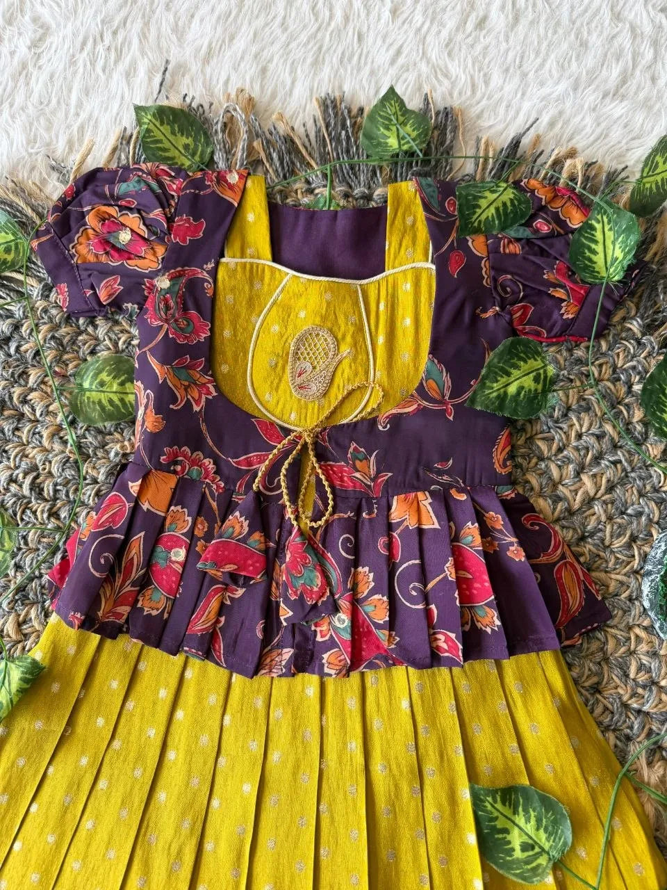 Kids Tissue Gown Kalamkari Mirror Work Coat - Yellow