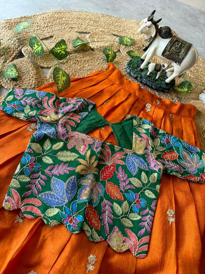 Kids Rainbow Work Designer Lehenga - Green & Orange