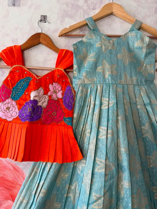Kids Floral Gown with Maggam Work Coat - Sky