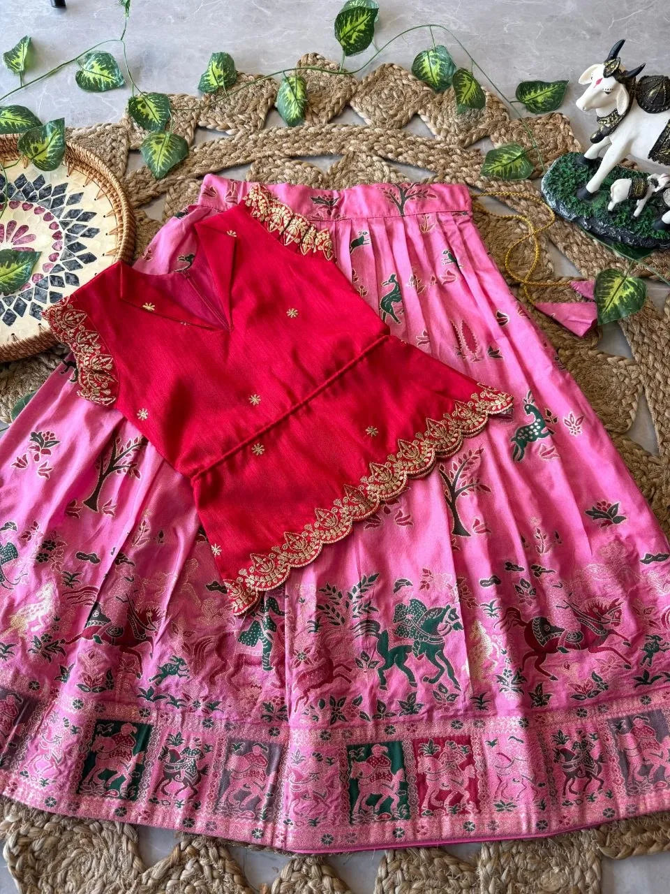 Kids Jungle Theme Position Jacquard Lehenga - Red-Pink