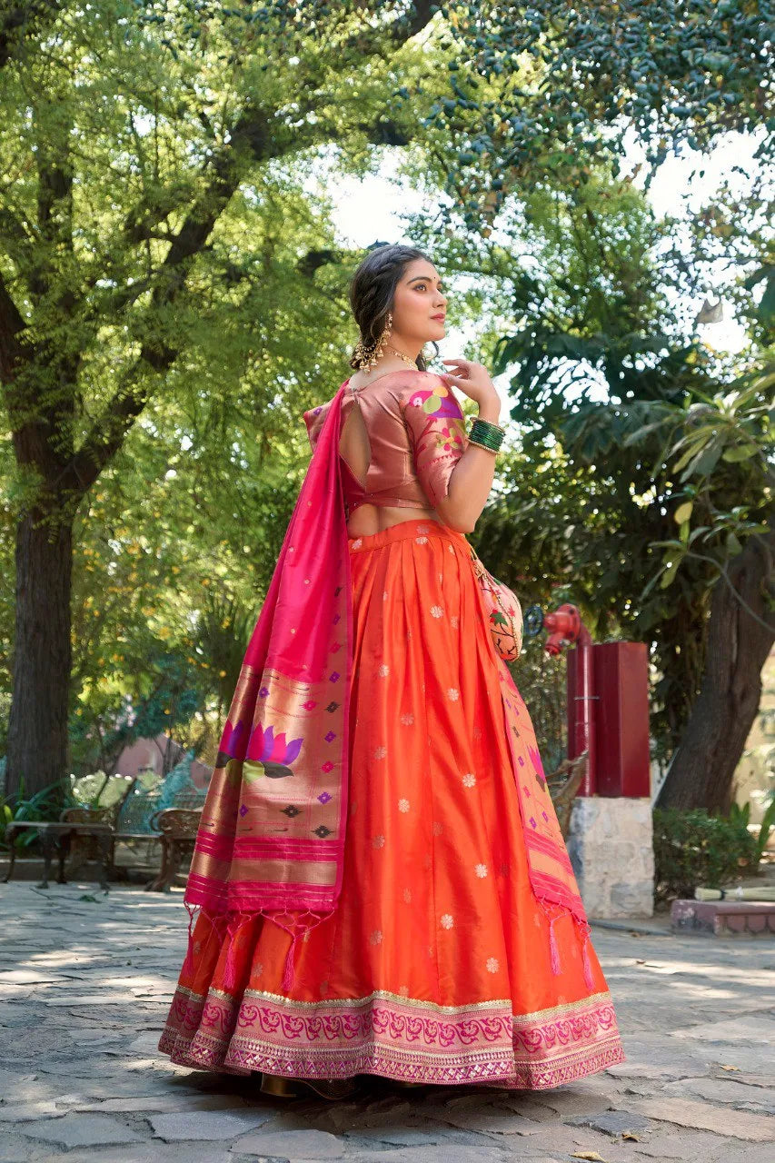 Royal Paithani Lehenga Choli with Dupatta & Batwa - Orange