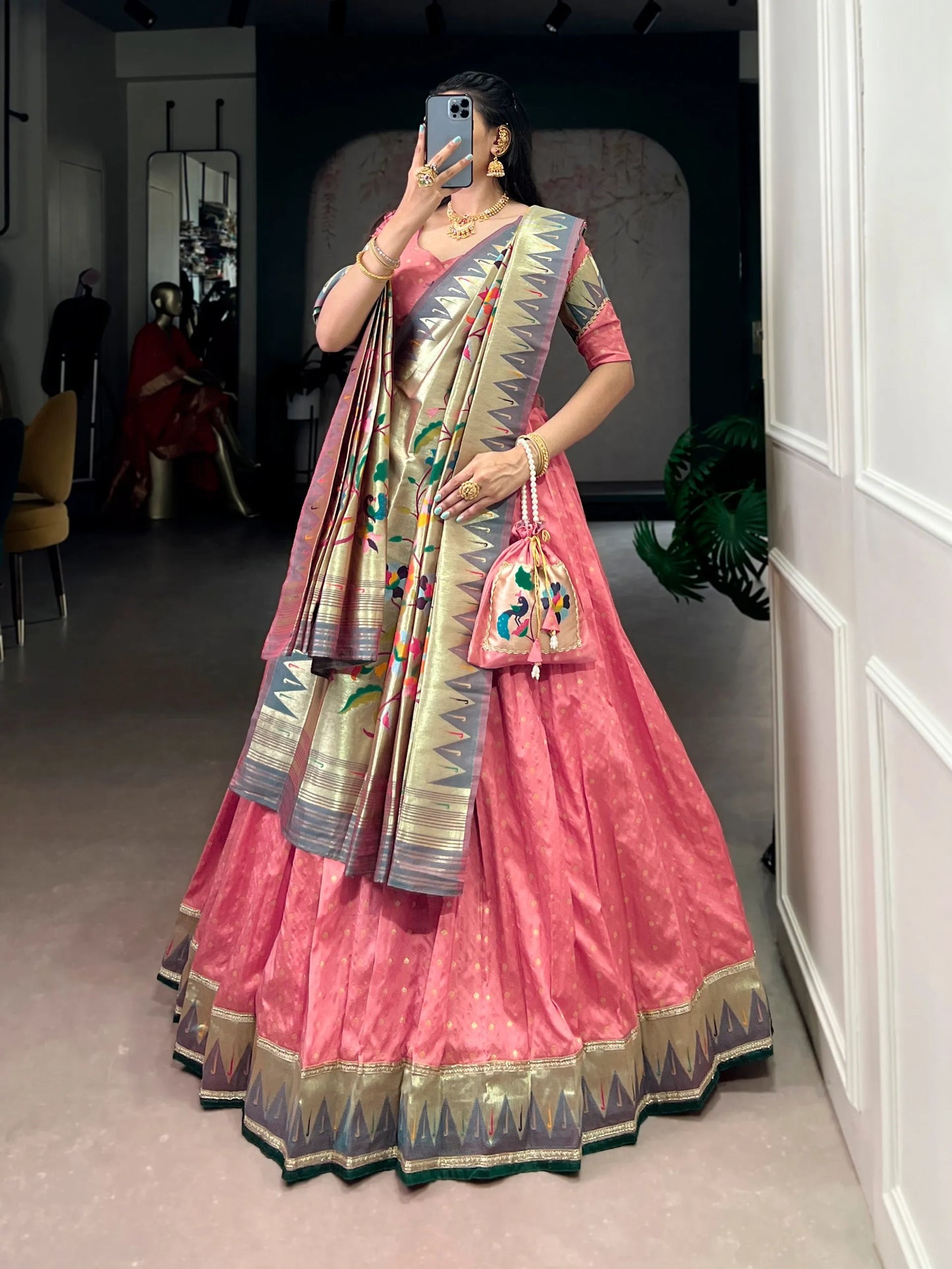 Traditional Maharashtrian Paithani Lehenga Choli for Wedding - Peach