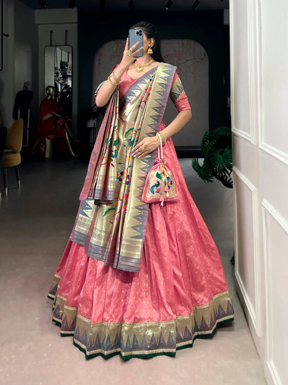 Traditional Maharashtrian Paithani Lehenga Choli for Wedding - Peach