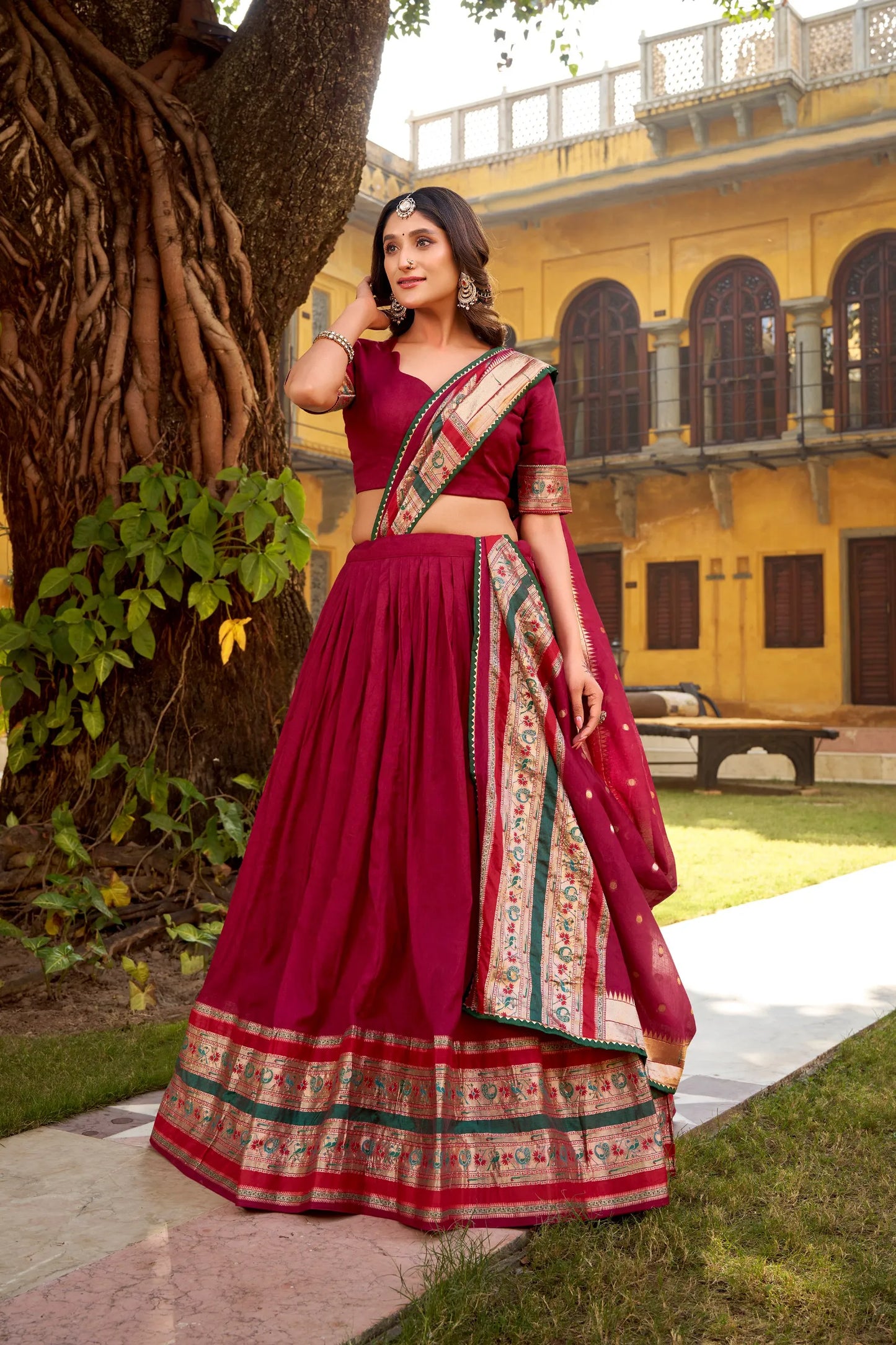 Soft Pure Chanderi Gotta Patti Lace Paithani Lehenga Choli - Majenta Pink