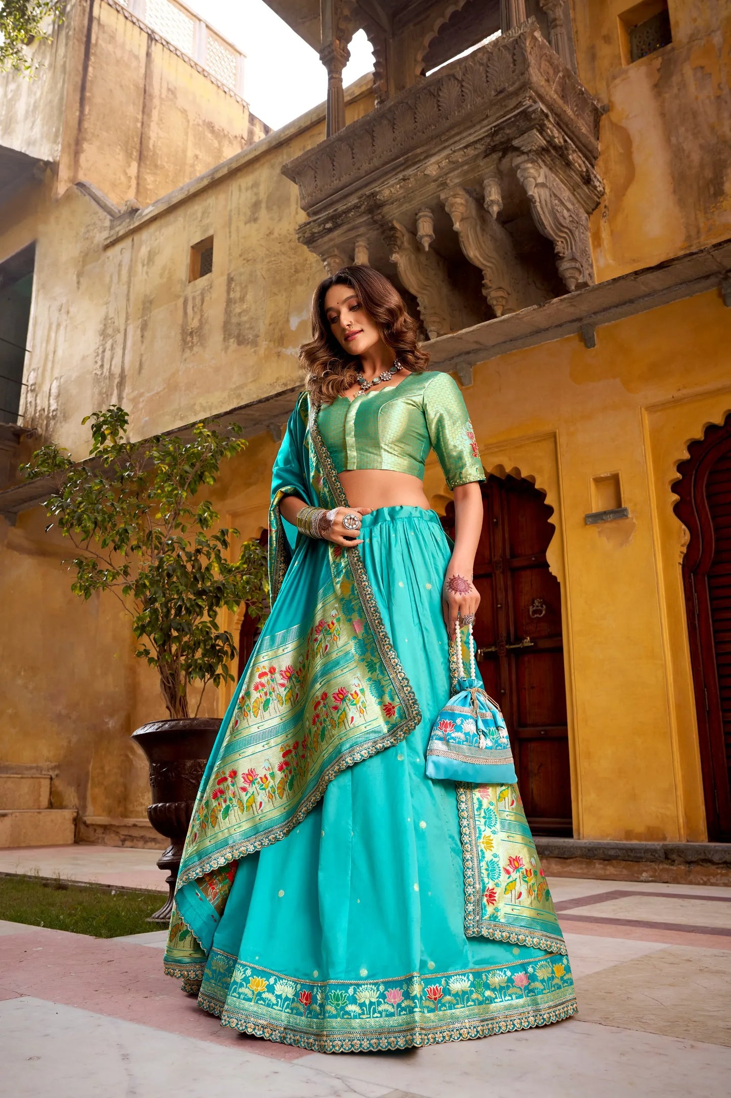 Soft Silk Paithani Embroidery Thread Work Lehenga Choli - Sky Blue
