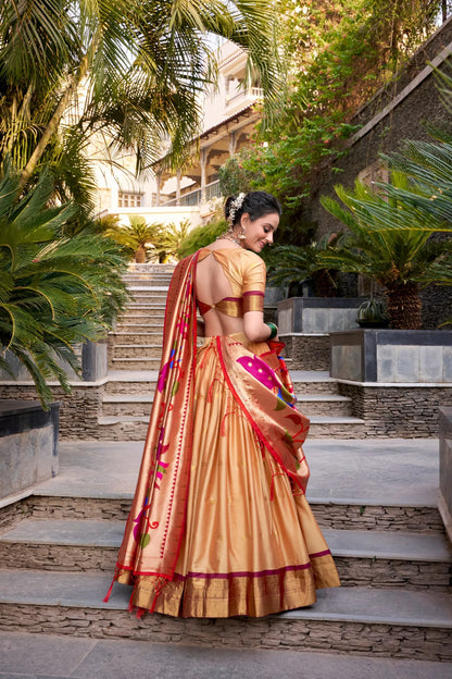 Royal Zari Jacquard Weaves Paithani Lehenga Choli - Chickoo