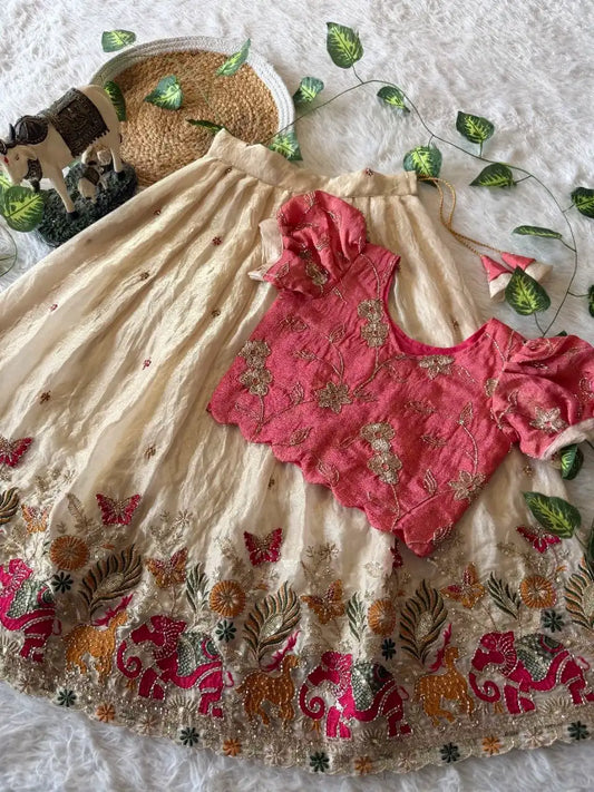 Kids Elephant Bloom Garden Lehenga Choli Set - Cream