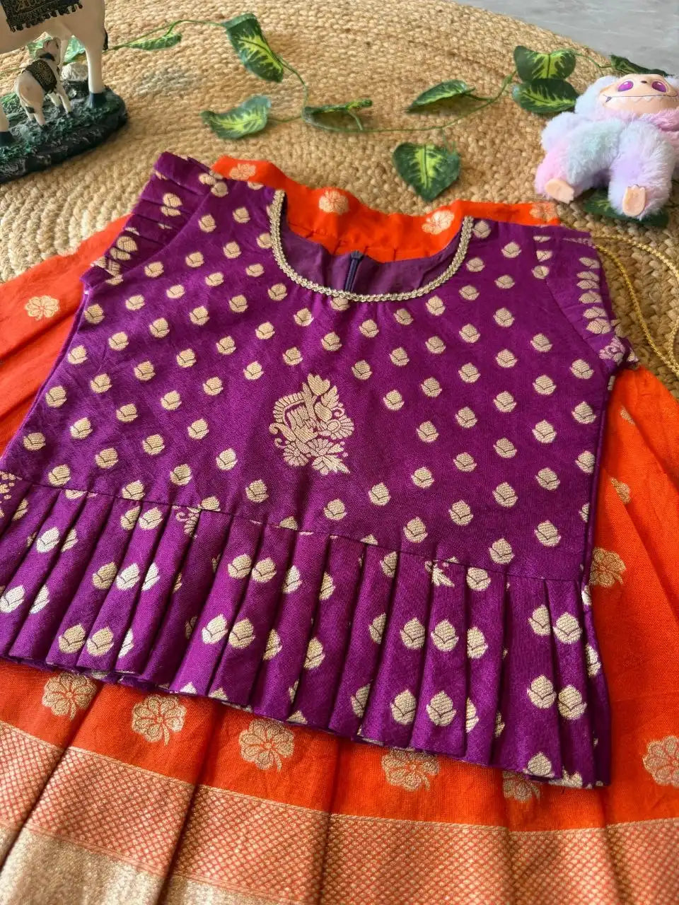 Peacock Grace Kids Lehenga Set - Purple & Orange