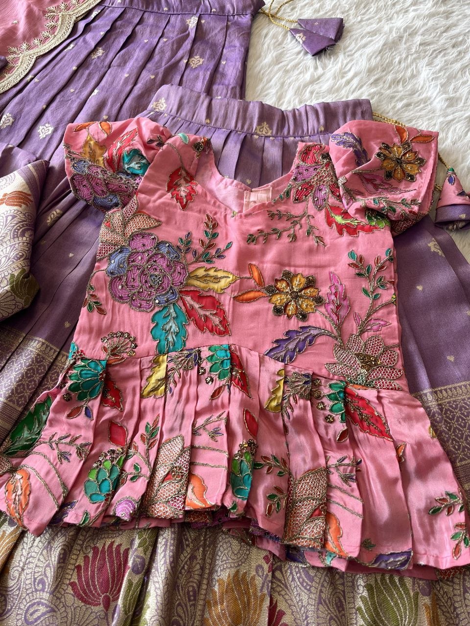 Soft Tissue Silk Embroidered Kids Lehenga Choli - Baby Pink & Lilac