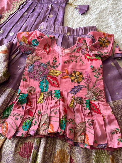 Soft Tissue Silk Embroidered Kids Lehenga Choli - Baby Pink & Lilac