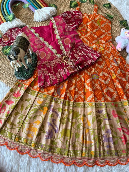 Kids Gown with Designer Coat- Rani Pink & Orange