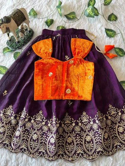 Royal Velvet Kids Lehenga Set - Orange & Purple