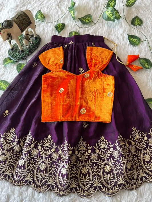 Royal Velvet Kids Lehenga Set - Orange & Purple