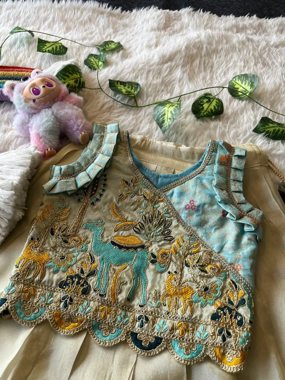 Kids Nature Designer Lehenga Set - Sky & Cream