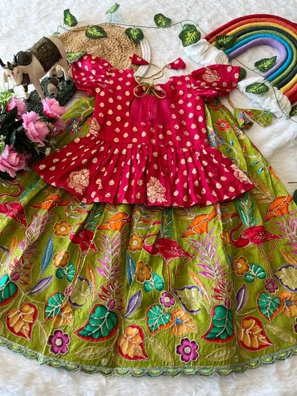 Kids Dola Silk Position Embroidered Lehenga Set - Pink