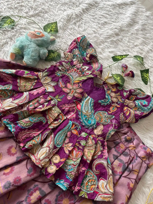 Kids Tissue Silk handwork Embroidered Lehenga Set - Purple