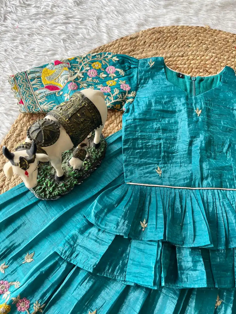 Kids Crush Fabric Elephant Embroidery Lehenga Set - Sky