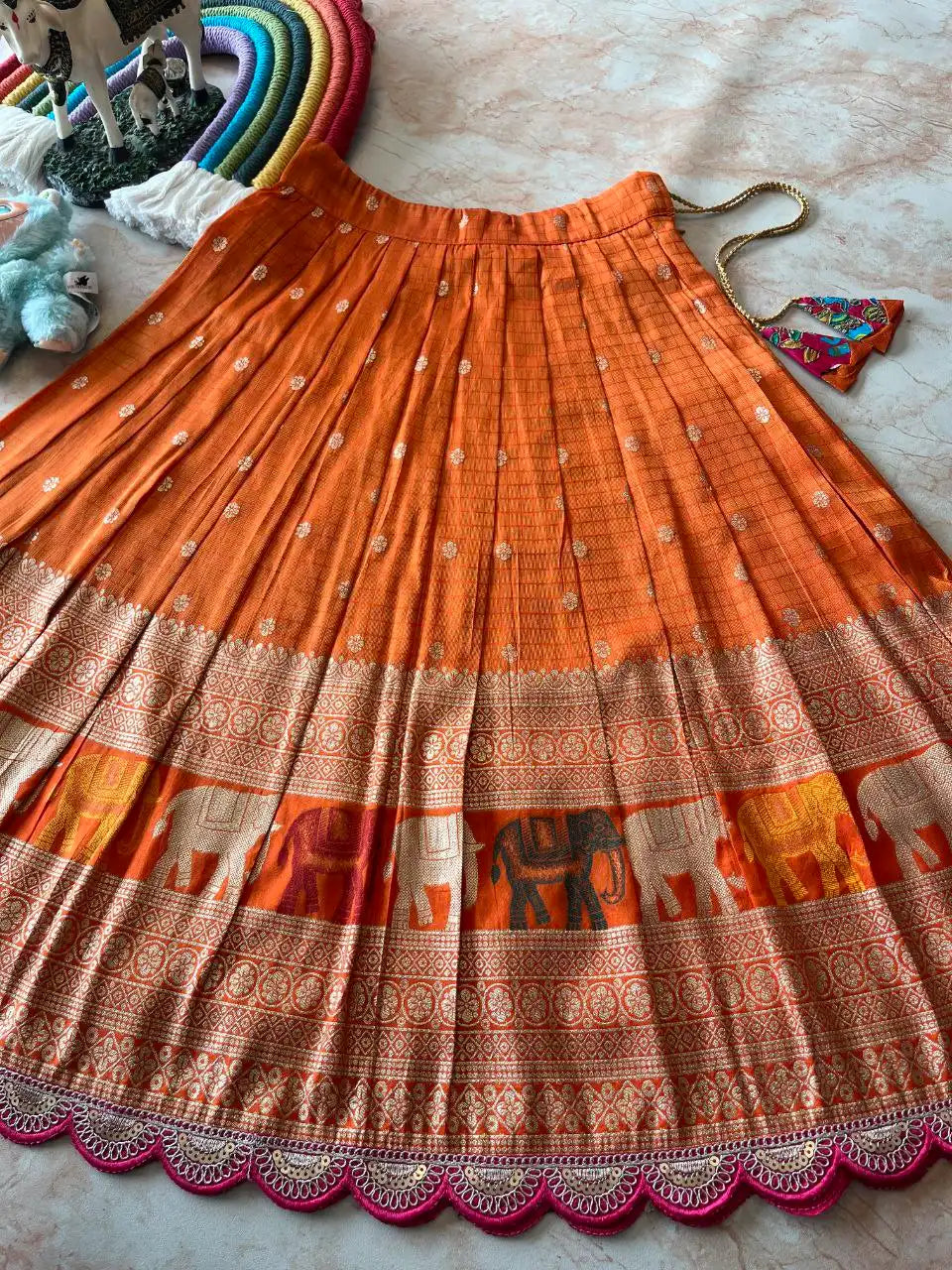 Kids Elephant 3D Weaving Lehenga - Orange