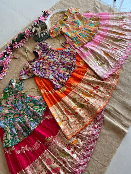 Kids Khadi Silk Animal Theme Weaving Lehenga - Orange