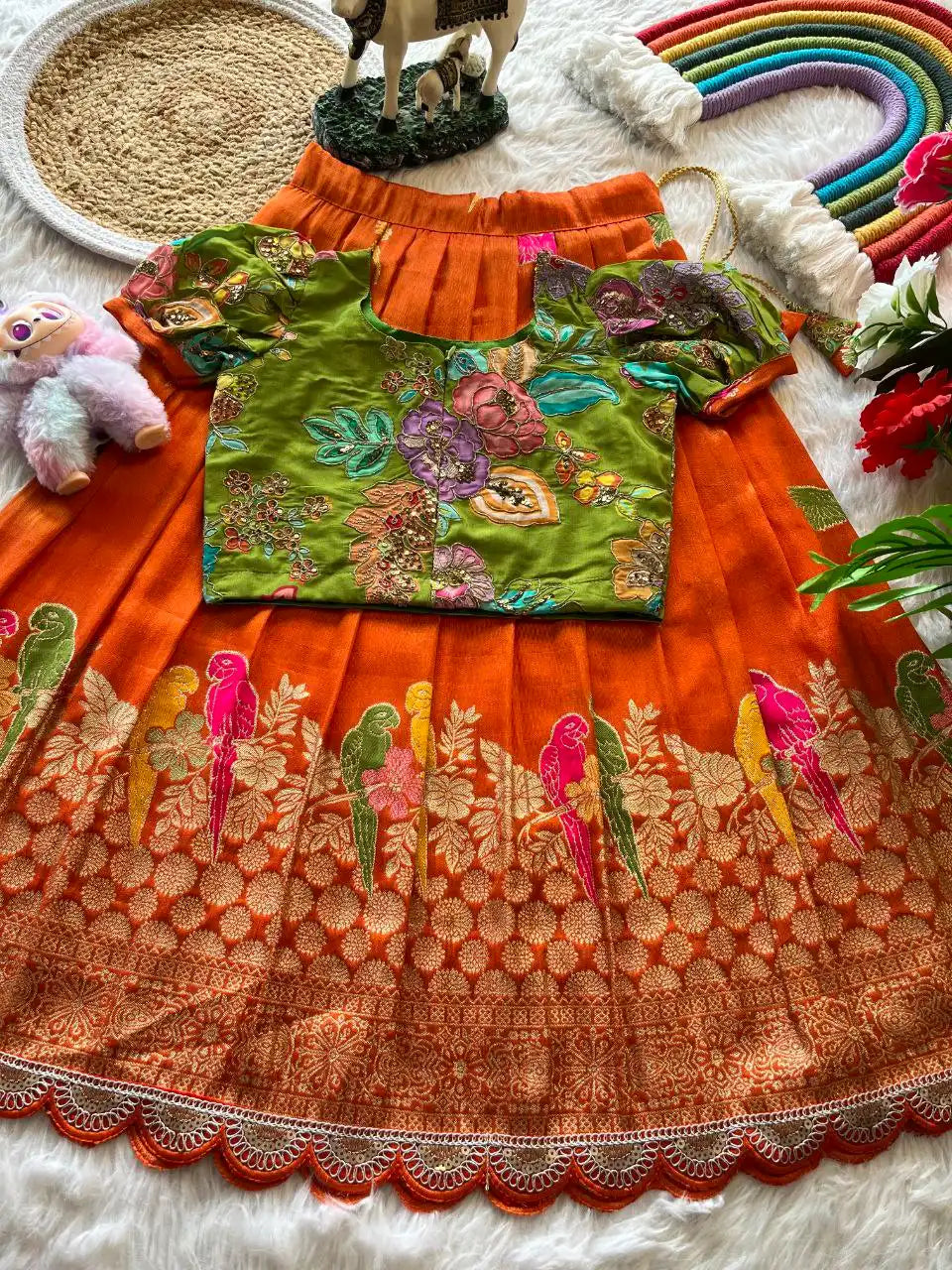 Kids Crepe Position Printed Lehenga - Orange