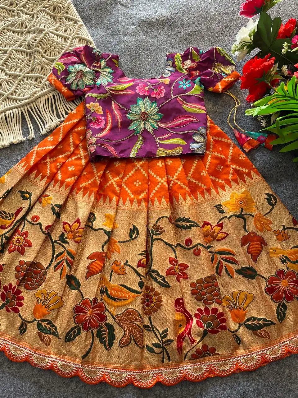 Dola Silk Parrot Meena Weaving Kids Lehenga - Orange