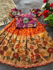 Dola Silk Parrot Meena Weaving Kids Lehenga - Orange