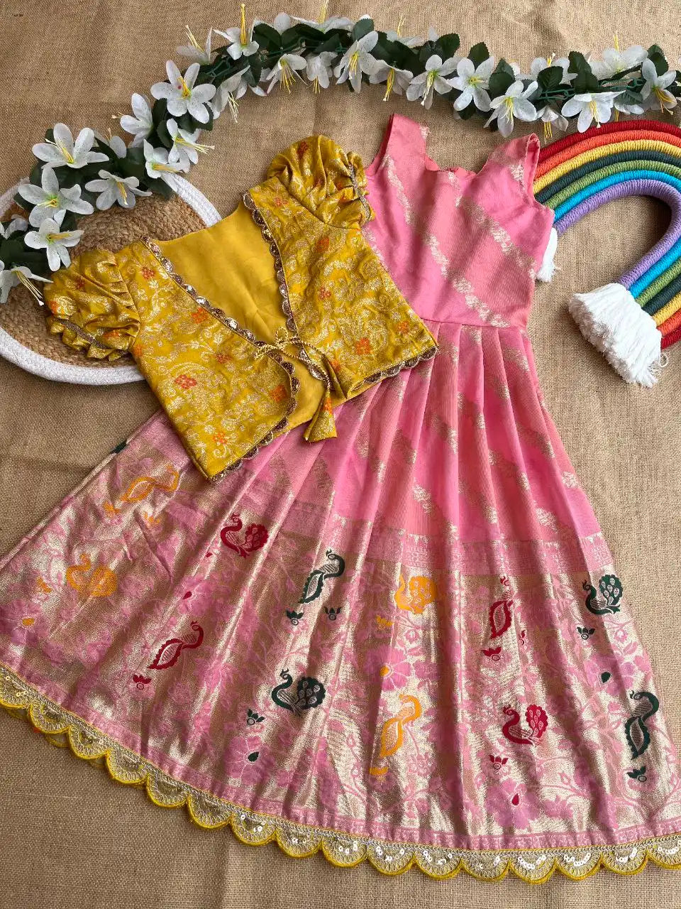 Soft Tissue Silk Paithani Weaving Kids Gown - Baby Pink